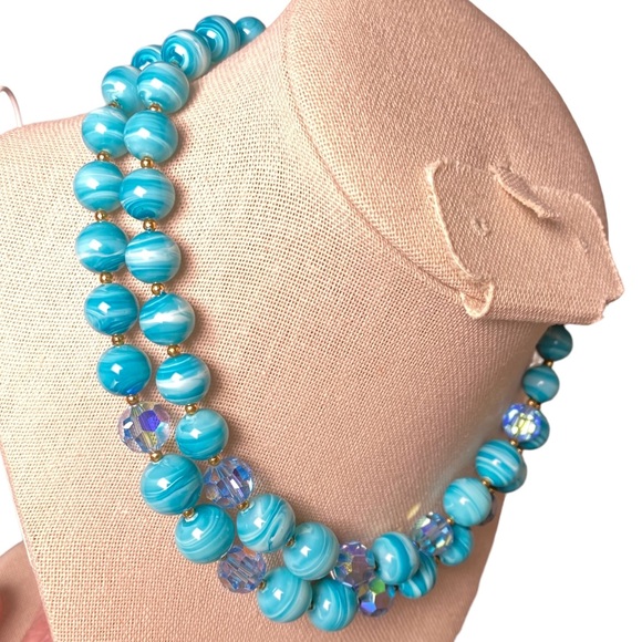 Beach Party Blue & White Swirled Double Strand Beaded Necklace - Vintage Estate - Picture 2 of 4